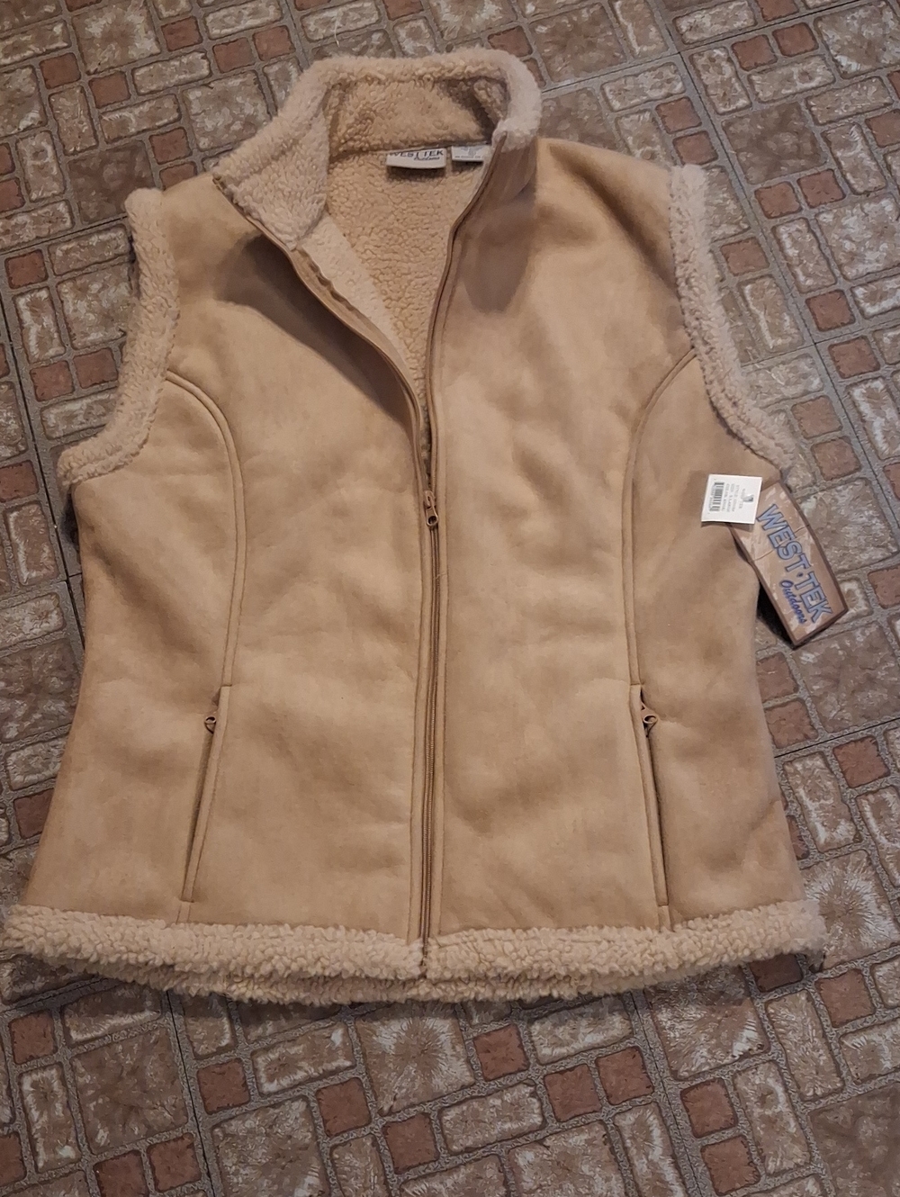 Women's Tan Faux-Suede Sherpa-Lined Vest by West Tek Ourdoors Xlarge